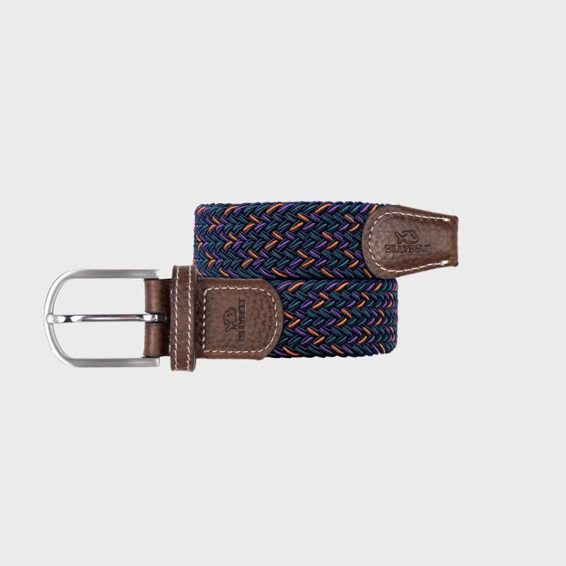 Woven belt with brown leather straps on a light gray background