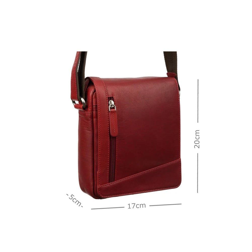 Red leather crossbody bag with dimensions on a white background