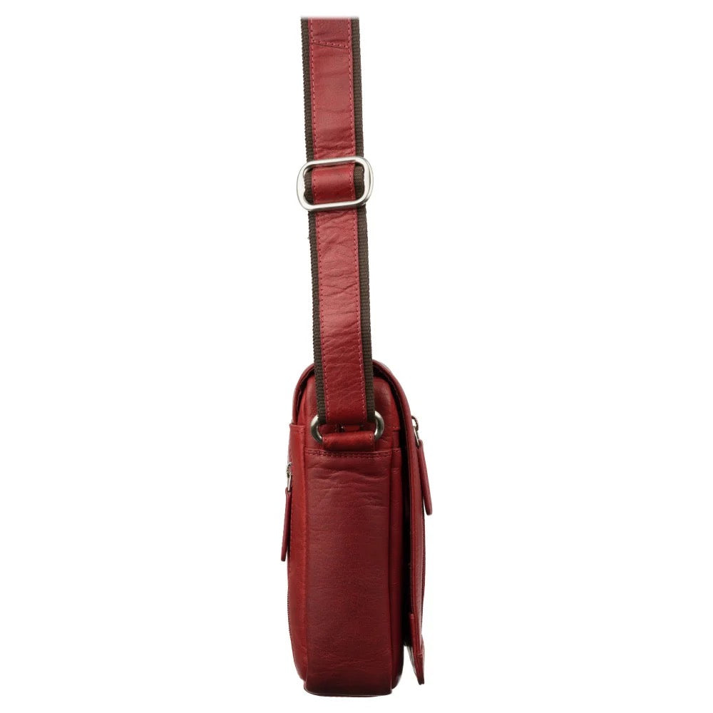 Red leather crossbody bag with a strap on a white background