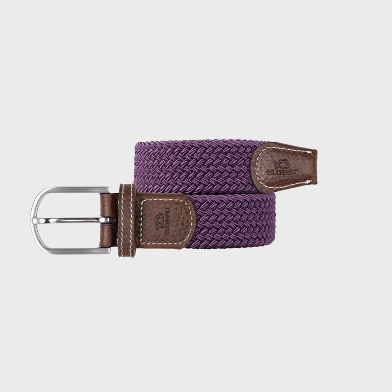 Plum woven belt with brown leather buckle on a light gray background