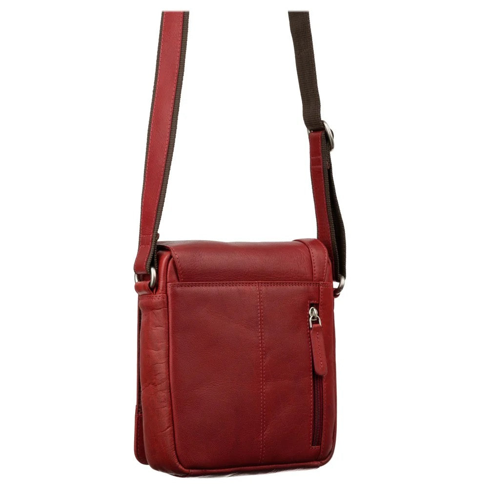Red leather crossbody bag on a white background