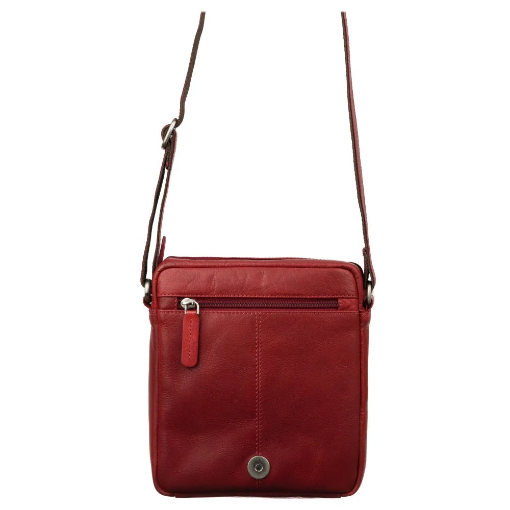 Red leather crossbody bag on a white background