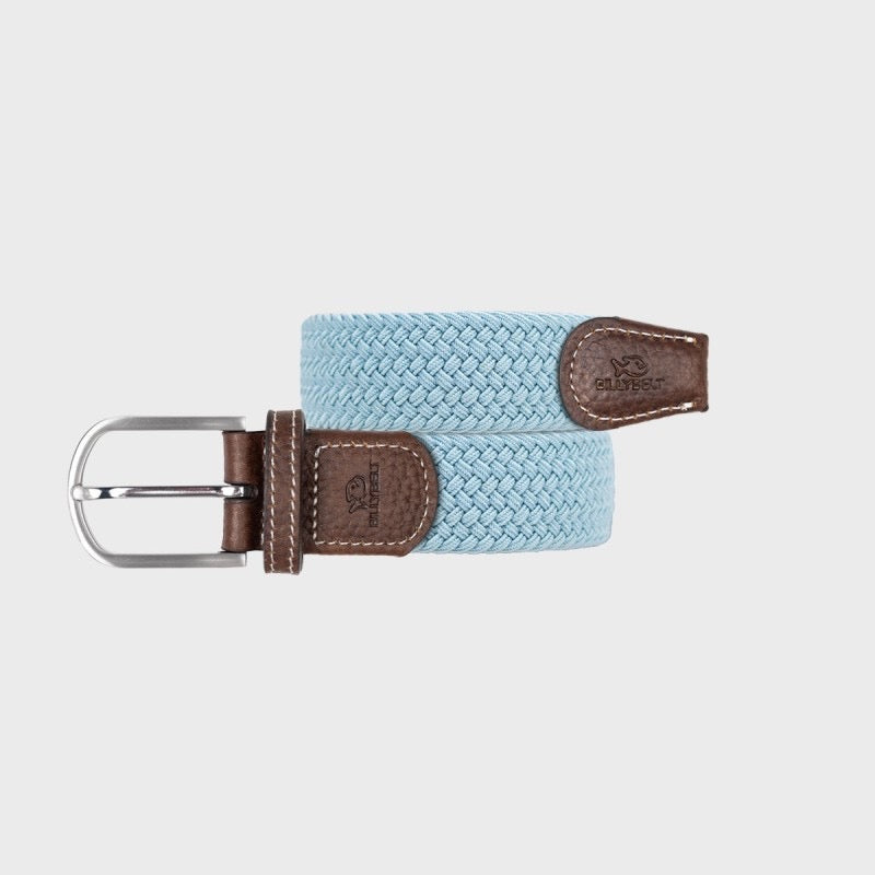 Light blue woven belt with brown leather buckle on a white background