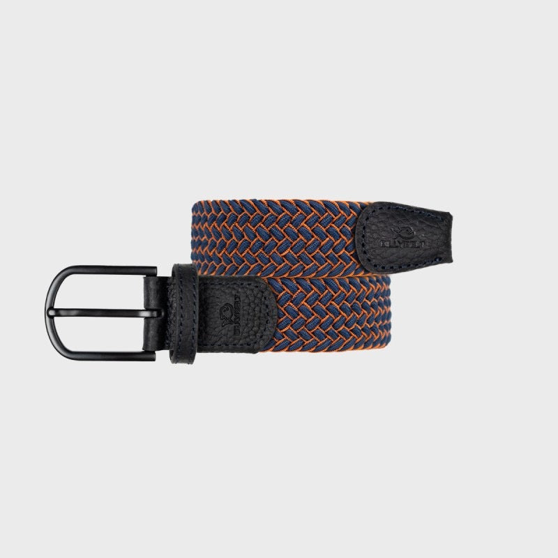 Woven belt with black and orange pattern on a light gray background
