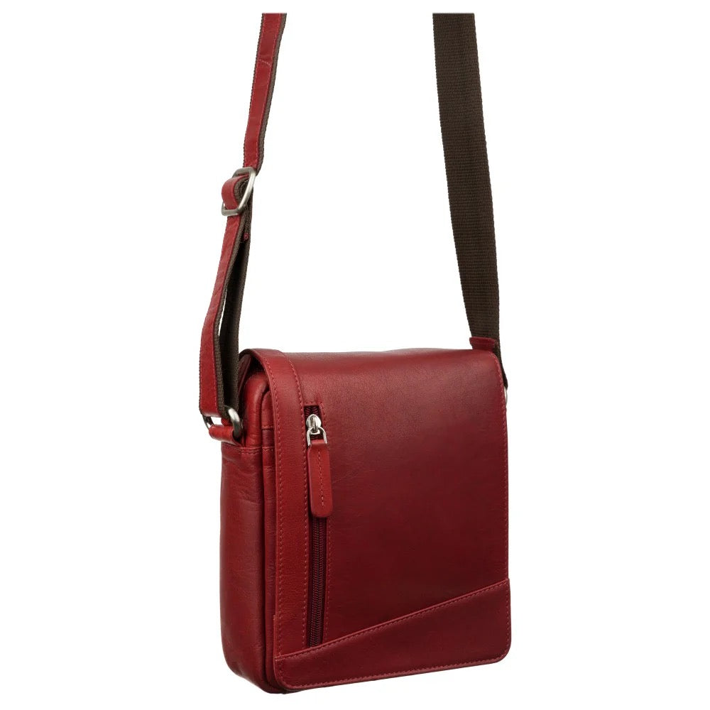 Red leather crossbody bag with a strap on a white background