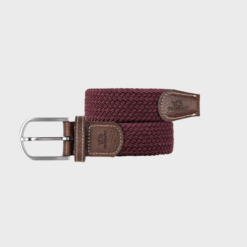 Red woven belt with leather accents on a light gray background