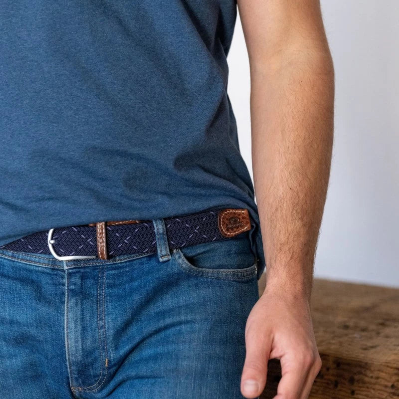 BillyBelt Darwin Navy Blue and Light Blue Elastic Stretch Belt With Calfskin Leather