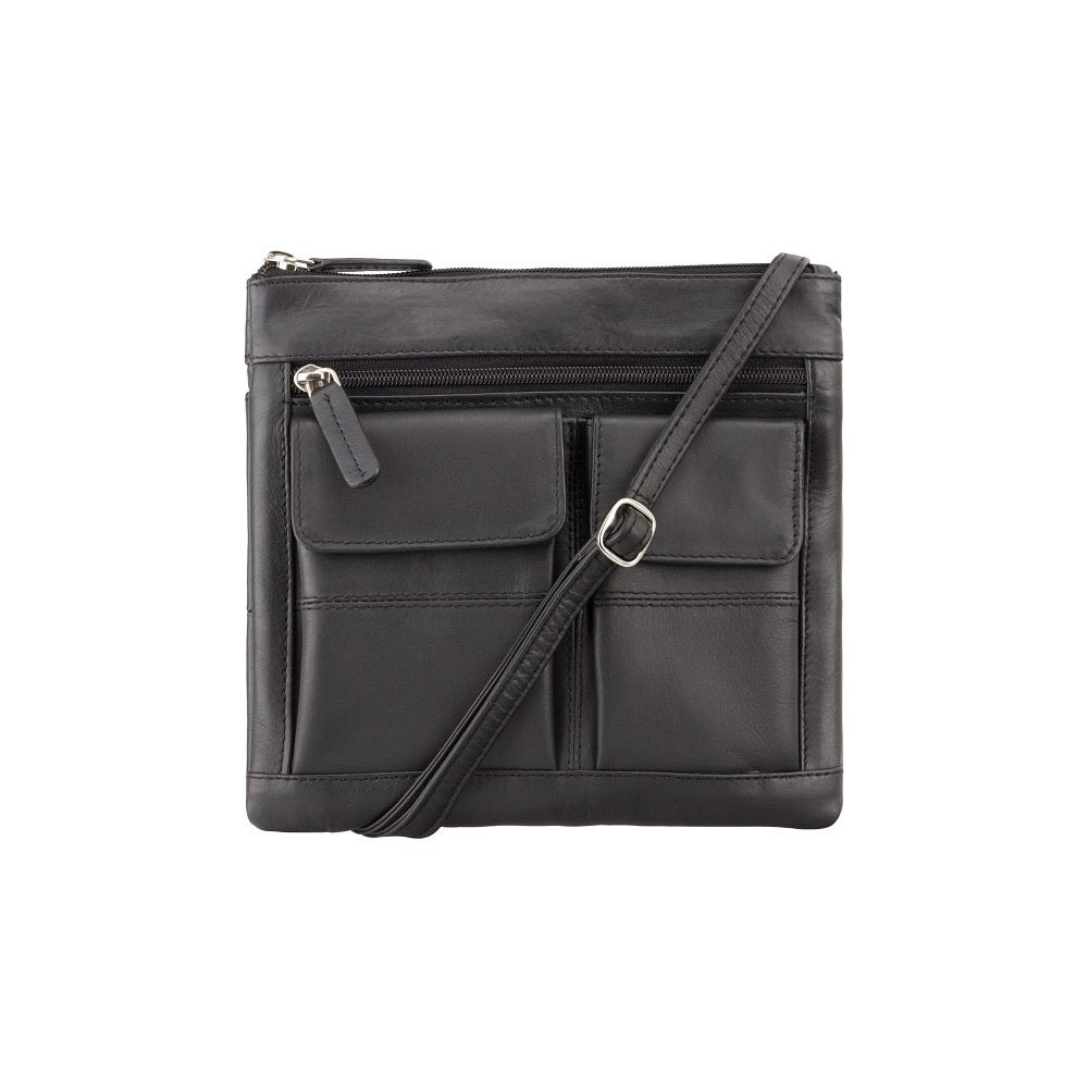 Visconti Across Body Slim Sling Pocketed Black Leather Bag 18608